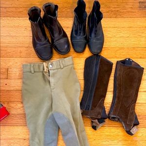 Girls riding boots, half chaps, and leggings